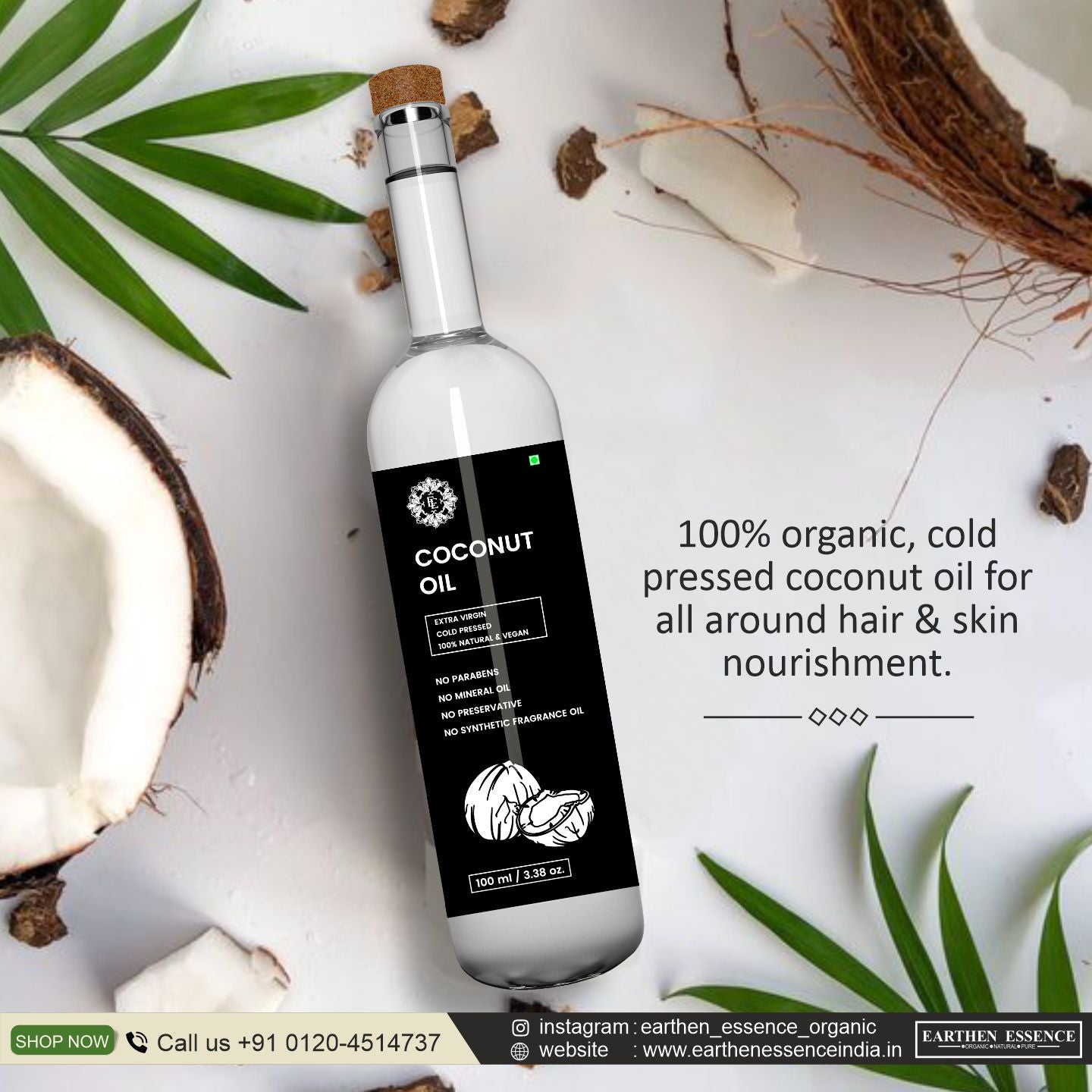 Organic COCONUT Oil | Woodpressed | Virgin Coconut Oil for Skincare and Haircare | Edible oil for Cooking | 100% Pure, Natural, Extracted with Traditional Wooden Method | 100ml.