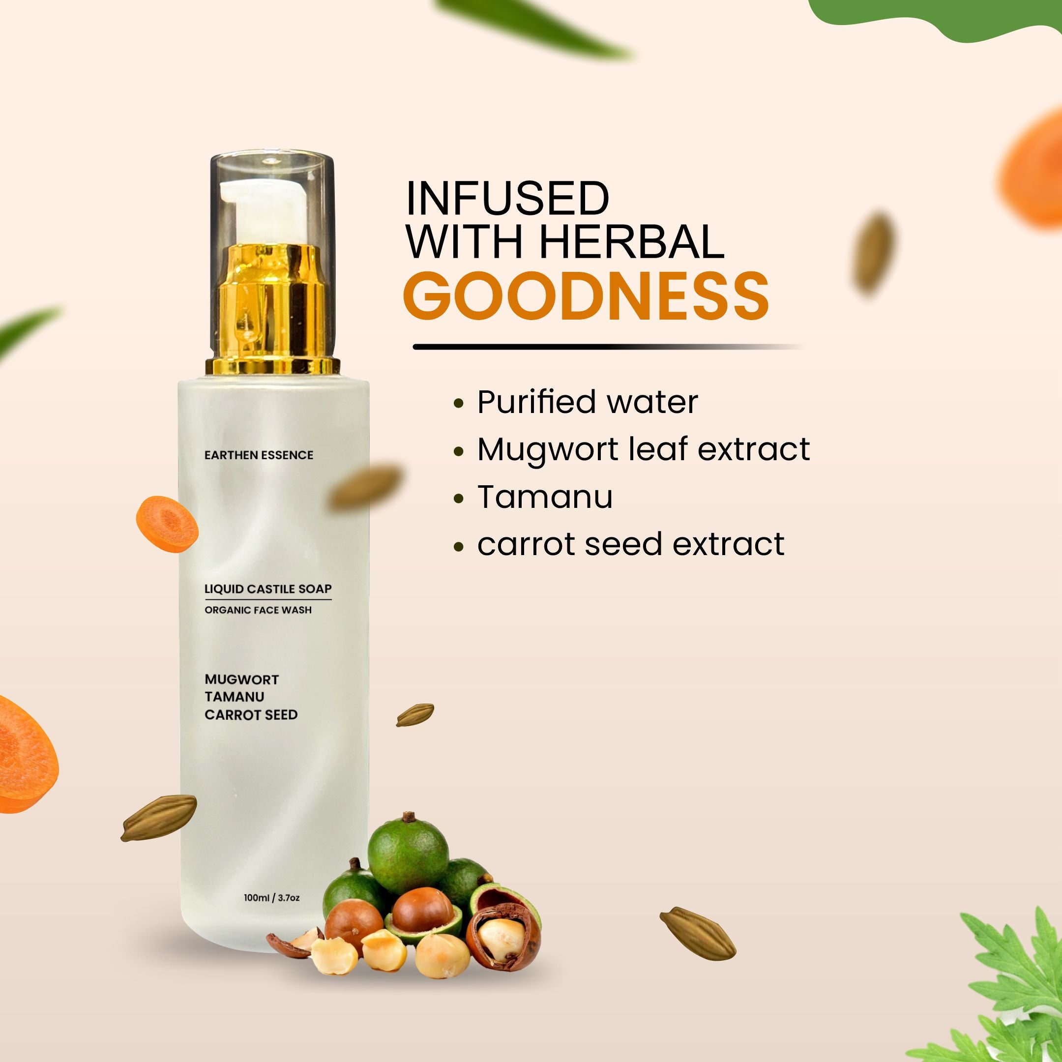 Earthen Essence Organic Castile Face Wash with Mugwort, Tamanu and Carrot Seed Oil | Natural Dark Spot Eraser | Fades Spots, Acne Marks & Evens Tone | Cruelty-free & 100% Vegan | 100ml