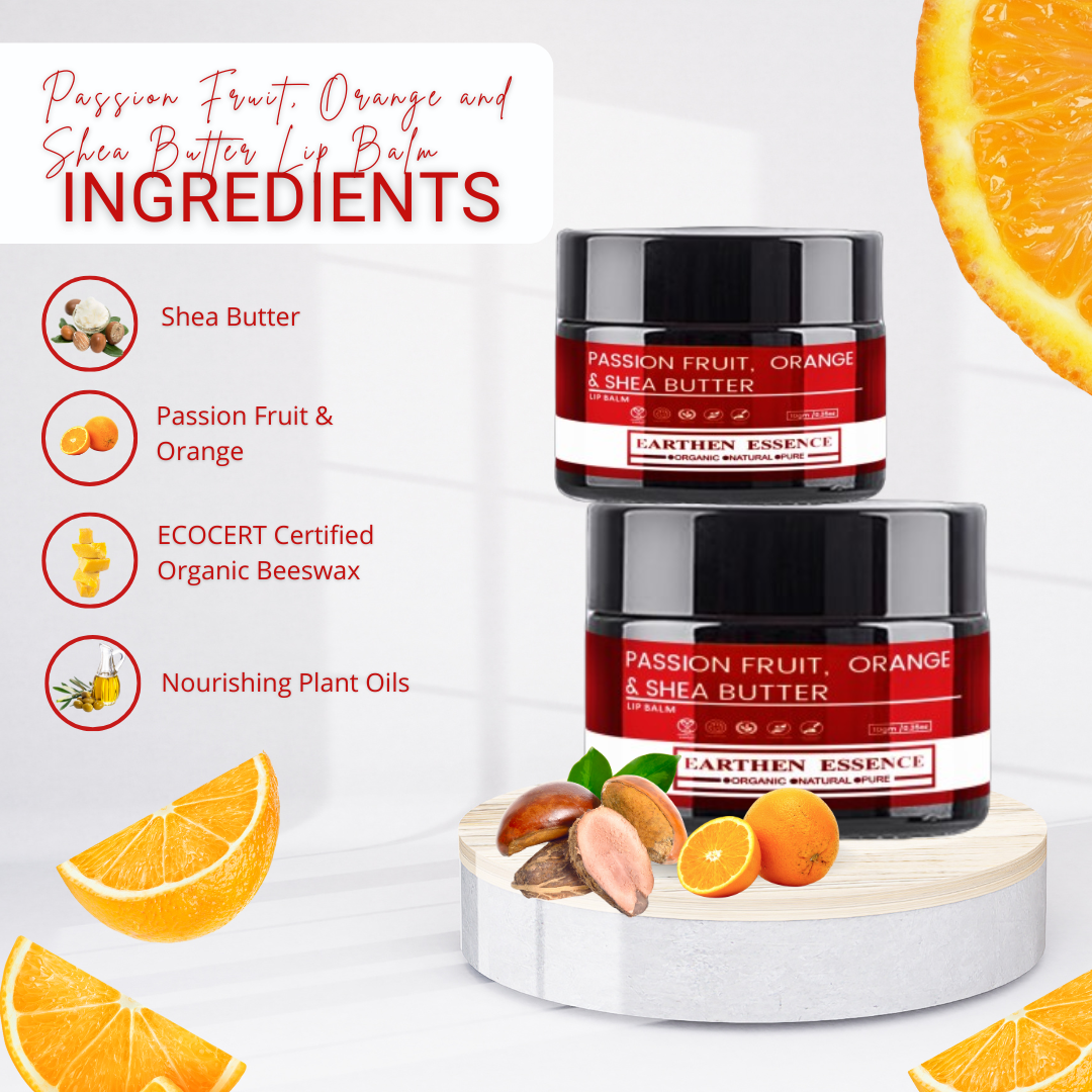 PASSION FRUIT, ORANGE & SHEA BUTTER Lip Balm | Made with ECOCERT Certified Organic Bees Wax | For Smooth Supple and Lucious Lips | 8 gm