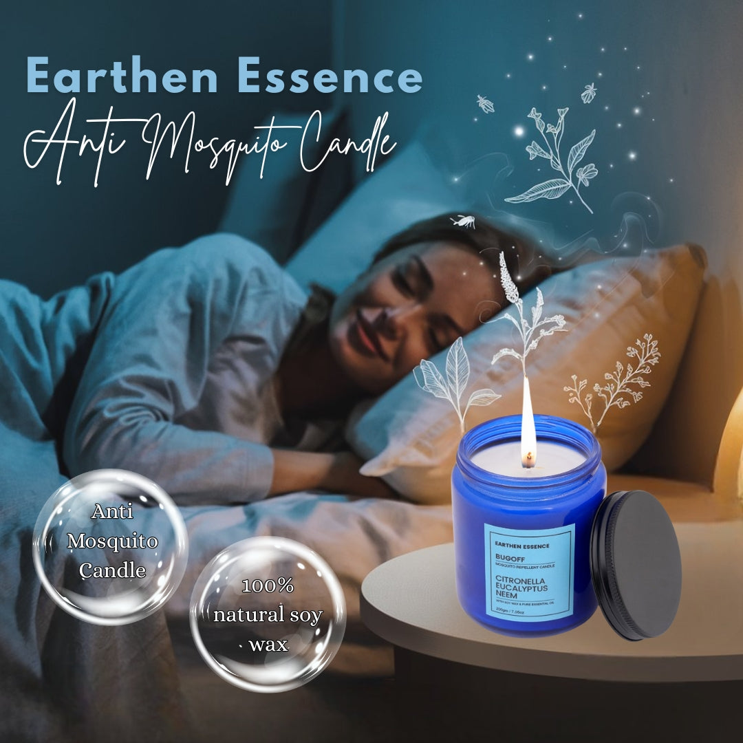 Anti Mosquito Candle BUGOFF | Natural Repellant for Mosquito | With Natural Soy Wax and Pure Essential Oil Citronella, Eucalyptus and Neem | Lead Free German Cotton Wick | 250gm