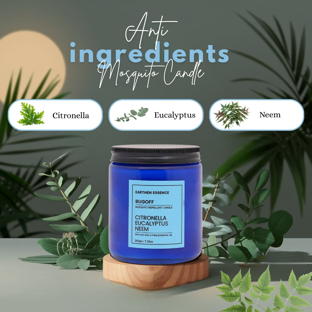 Anti Mosquito Candle BUGOFF | Natural Repellant for Mosquito | With Natural Soy Wax and Pure Essential Oil Citronella, Eucalyptus and Neem | Lead Free German Cotton Wick | 250gm