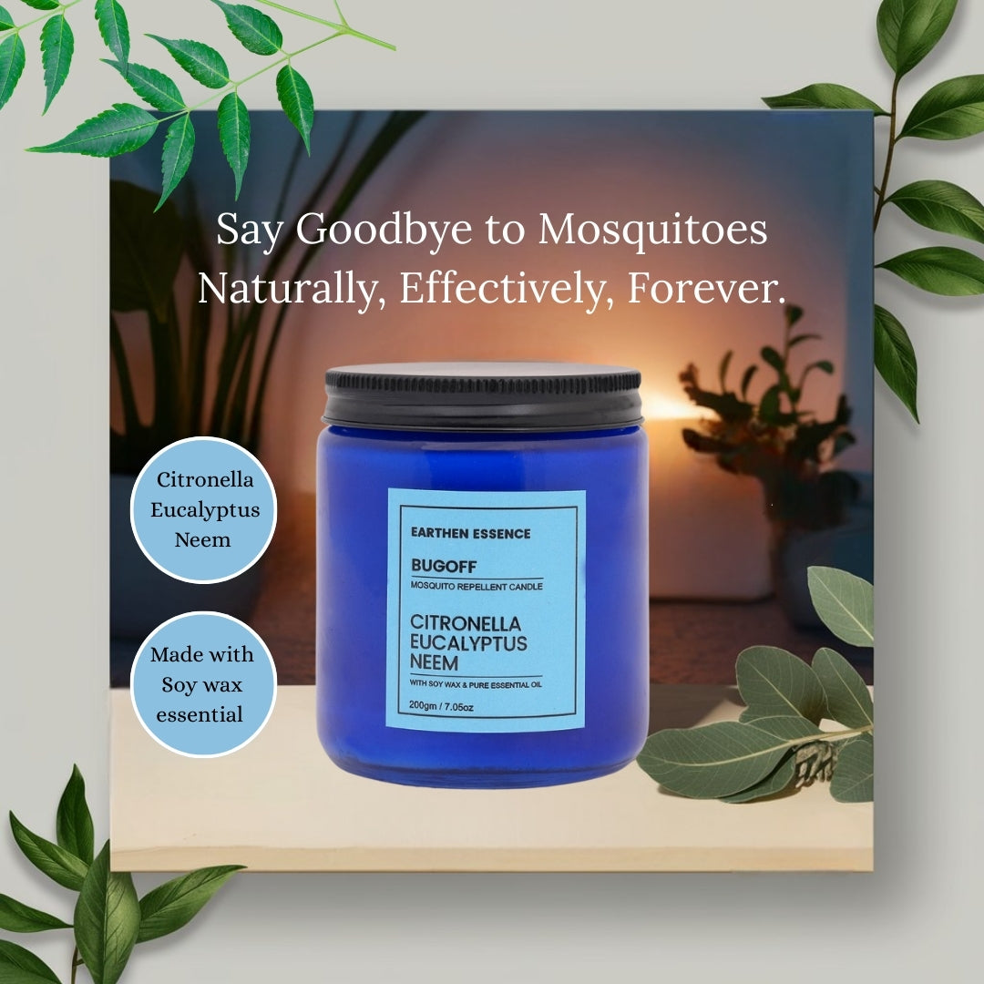 Anti Mosquito Candle BUGOFF | Natural Repellant for Mosquito | With Natural Soy Wax and Pure Essential Oil Citronella, Eucalyptus and Neem | Lead Free German Cotton Wick | 250gm