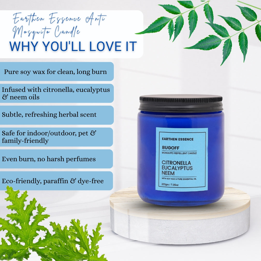 Anti Mosquito Candle BUGOFF | Natural Repellant for Mosquito | With Natural Soy Wax and Pure Essential Oil Citronella, Eucalyptus and Neem | Lead Free German Cotton Wick | 250gm
