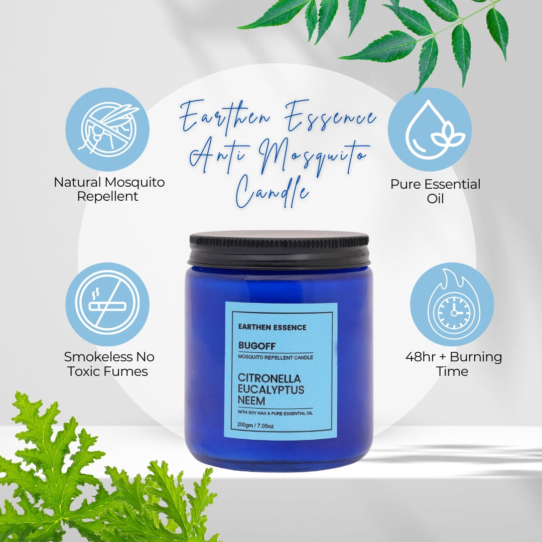Anti Mosquito Candle BUGOFF | Natural Repellant for Mosquito | With Natural Soy Wax and Pure Essential Oil Citronella, Eucalyptus and Neem | Lead Free German Cotton Wick | 250gm