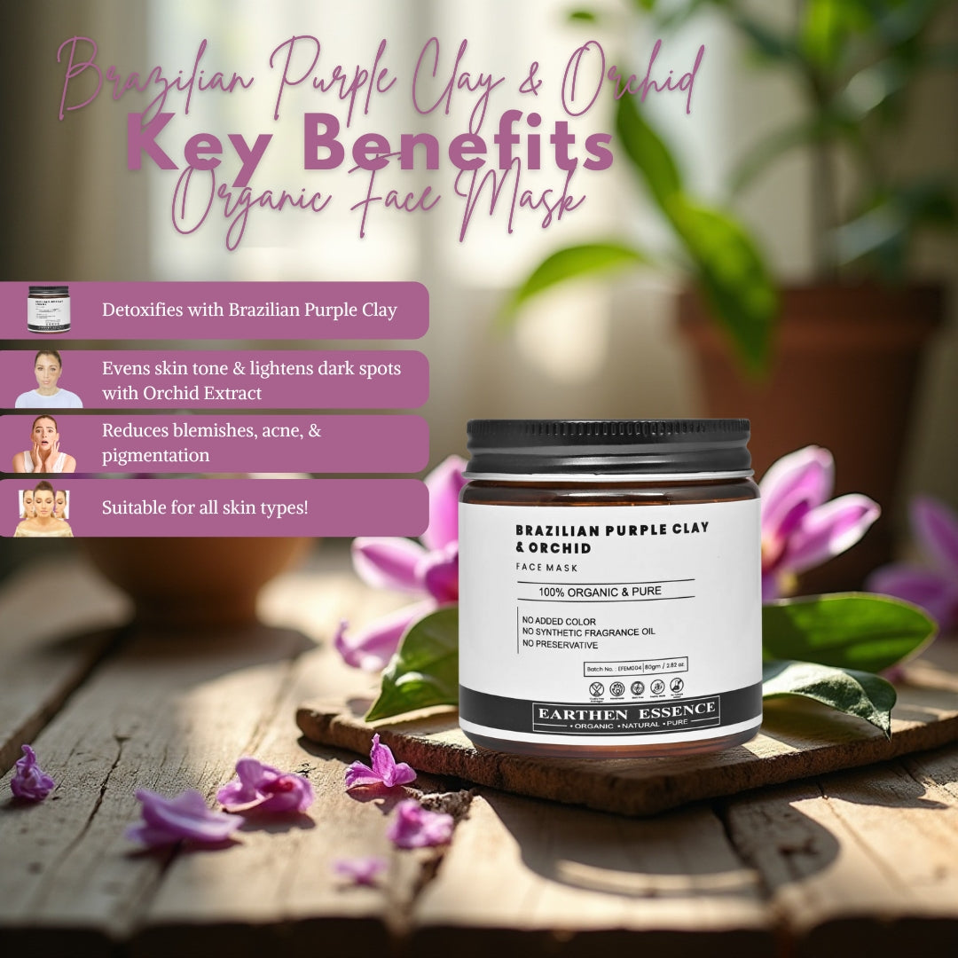 BRAZILIAN PURPLE CLAY & ORCHID Organic Face Mask | Minimizes Blemishes & Prevents Acne | Reduces Pigmentation, Uneven Skin Tone & Blemishes | For All Skin Types | 100g