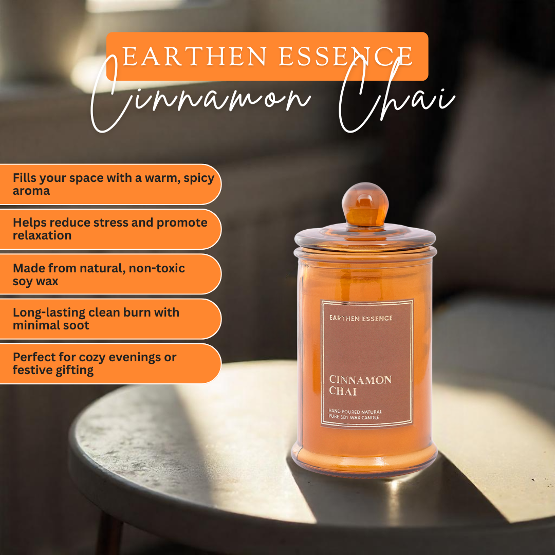 Earthen Essence CINNAMON CHAI 100% Natural Soy Wax & IFRA Certied Non Toxic Fragrance ,Lead Free Wick | Upto 30 Hrs of Clean Burning | Smokeless & Non-Toxic Candles | 150 GMS