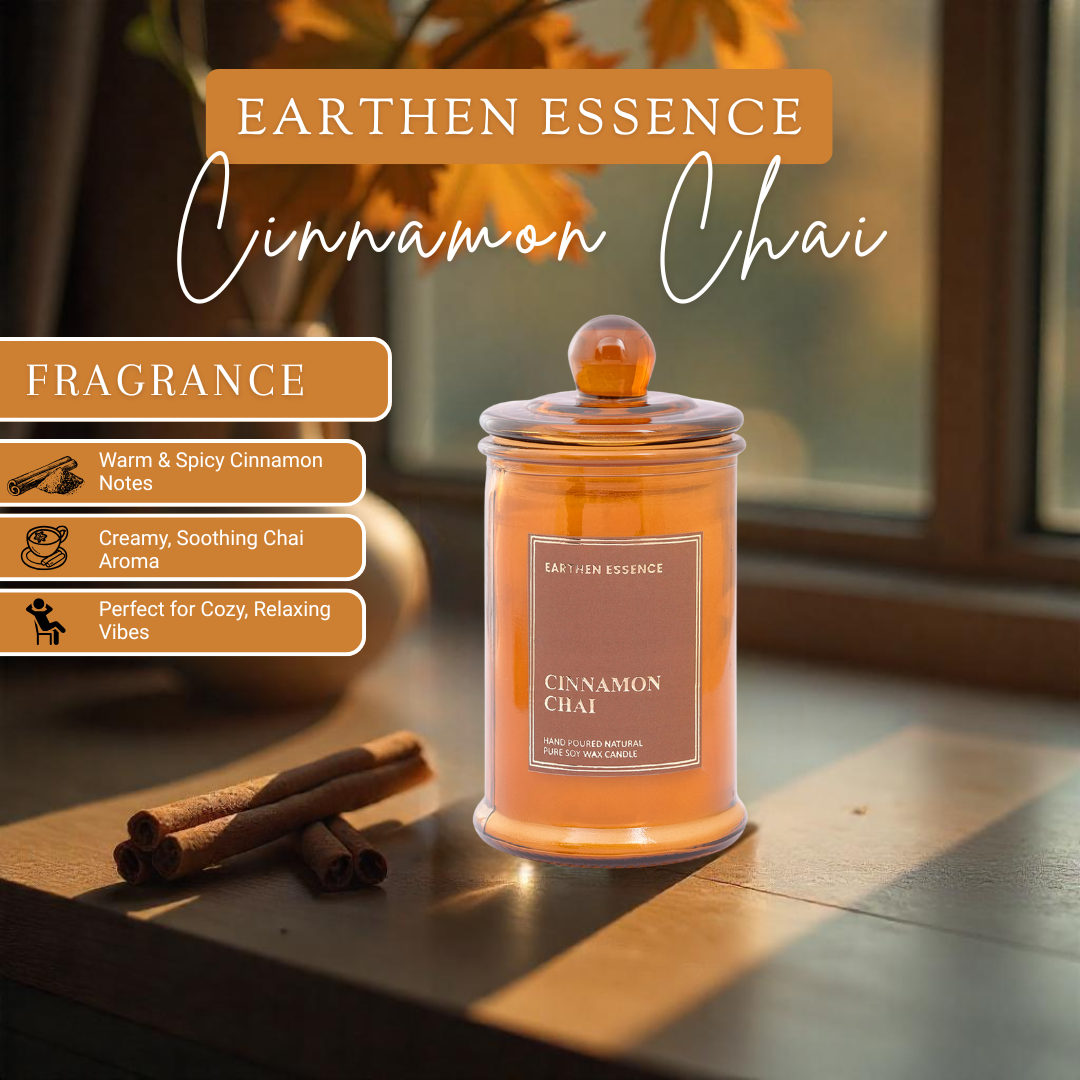 Earthen Essence CINNAMON CHAI 100% Natural Soy Wax & IFRA Certied Non Toxic Fragrance ,Lead Free Wick | Upto 30 Hrs of Clean Burning | Smokeless & Non-Toxic Candles | 150 GMS