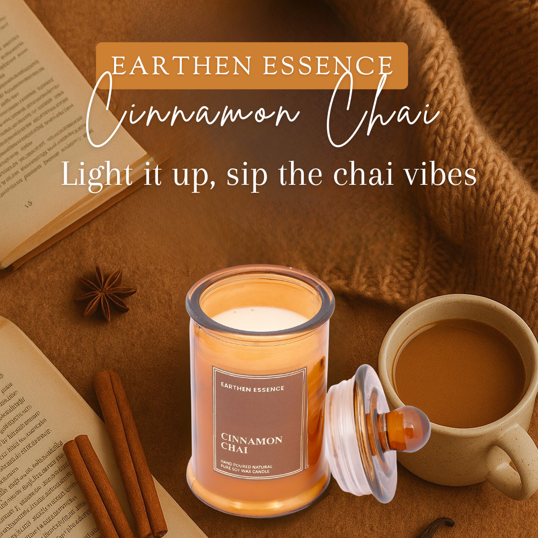 Earthen Essence CINNAMON CHAI 100% Natural Soy Wax & IFRA Certied Non Toxic Fragrance ,Lead Free Wick | Upto 30 Hrs of Clean Burning | Smokeless & Non-Toxic Candles | 150 GMS