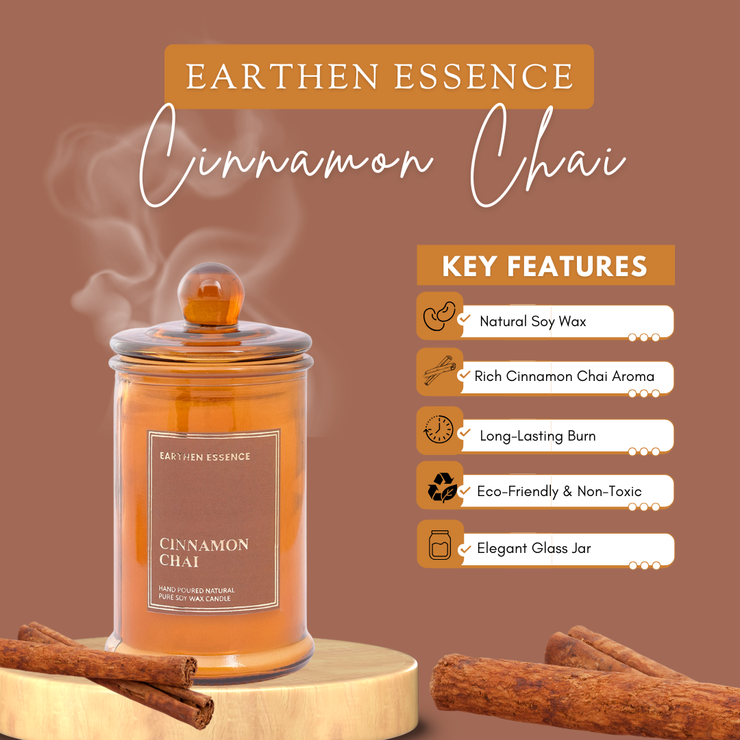 Earthen Essence CINNAMON CHAI 100% Natural Soy Wax & IFRA Certied Non Toxic Fragrance ,Lead Free Wick | Upto 30 Hrs of Clean Burning | Smokeless & Non-Toxic Candles | 150 GMS