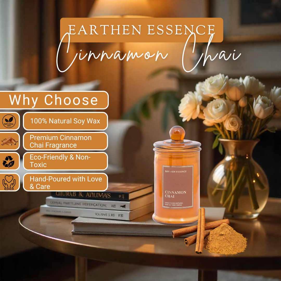 Earthen Essence CINNAMON CHAI 100% Natural Soy Wax & IFRA Certied Non Toxic Fragrance ,Lead Free Wick | Upto 30 Hrs of Clean Burning | Smokeless & Non-Toxic Candles | 150 GMS
