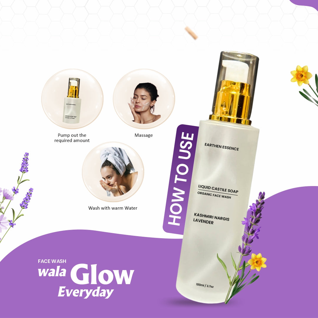 Organic CASTILE FACE WASH with Kashmiri Nargis and Lavender | Skin Brightening, Tan Removal, Hydrating, Nourishing & Gently Exfoliating | Cruelty-free & 100% Vegan | 100ml