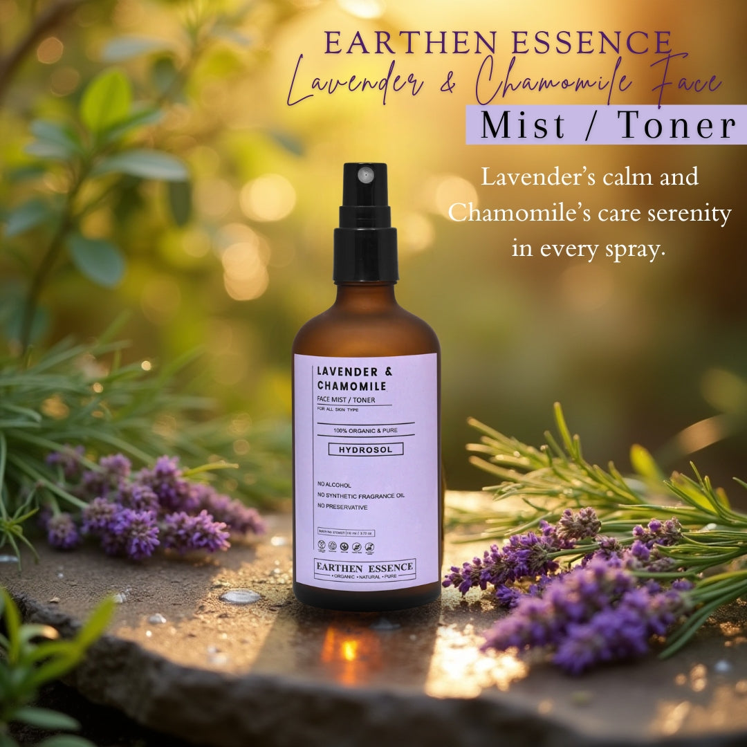 Earthen Essence LAVENDER & CHAMOMILE Face Mist / Toner | Pure Hydrosol | Hydrating & Alcohol-Free | Skin Brightening | Tightens Pores, Balances pH | For All Skin Types | 100ml