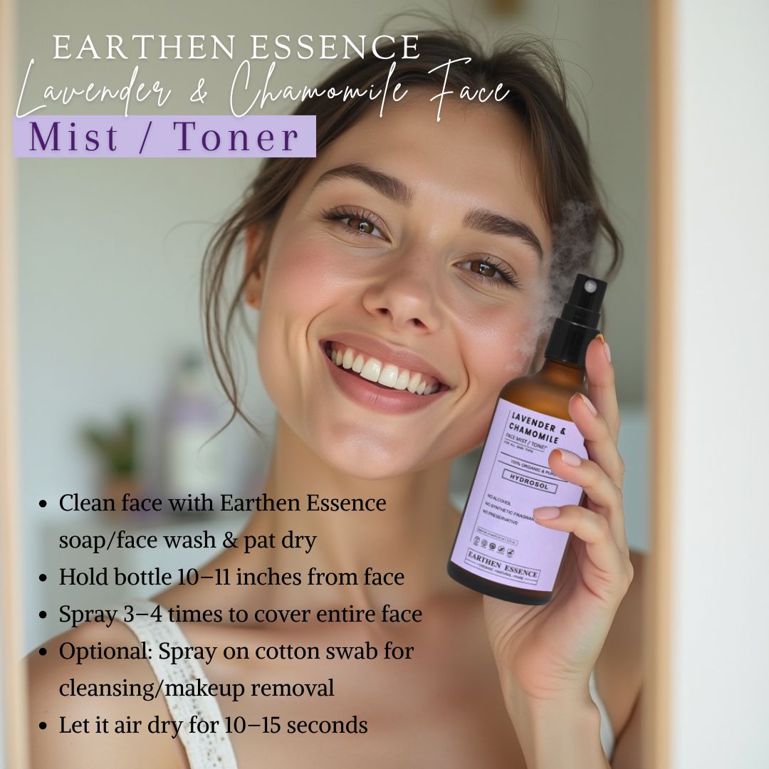 Earthen Essence LAVENDER & CHAMOMILE Face Mist / Toner | Pure Hydrosol | Hydrating & Alcohol-Free | Skin Brightening | Tightens Pores, Balances pH | For All Skin Types | 100ml