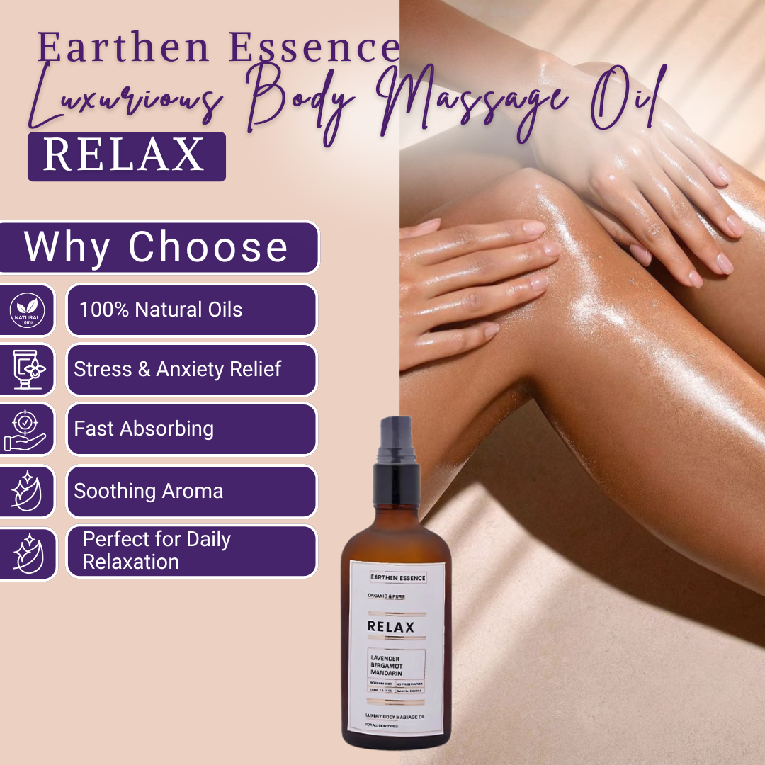 Luxurious Body Massage Oil RELAX | With Wood Pressed Jojoba Oil, Extra Virgin Coconut Oil, Lavender, Bergamot and Mandarin Essential Oil | For Relaxation, Stress Relief, Tiredness and Anxiety (100ml)