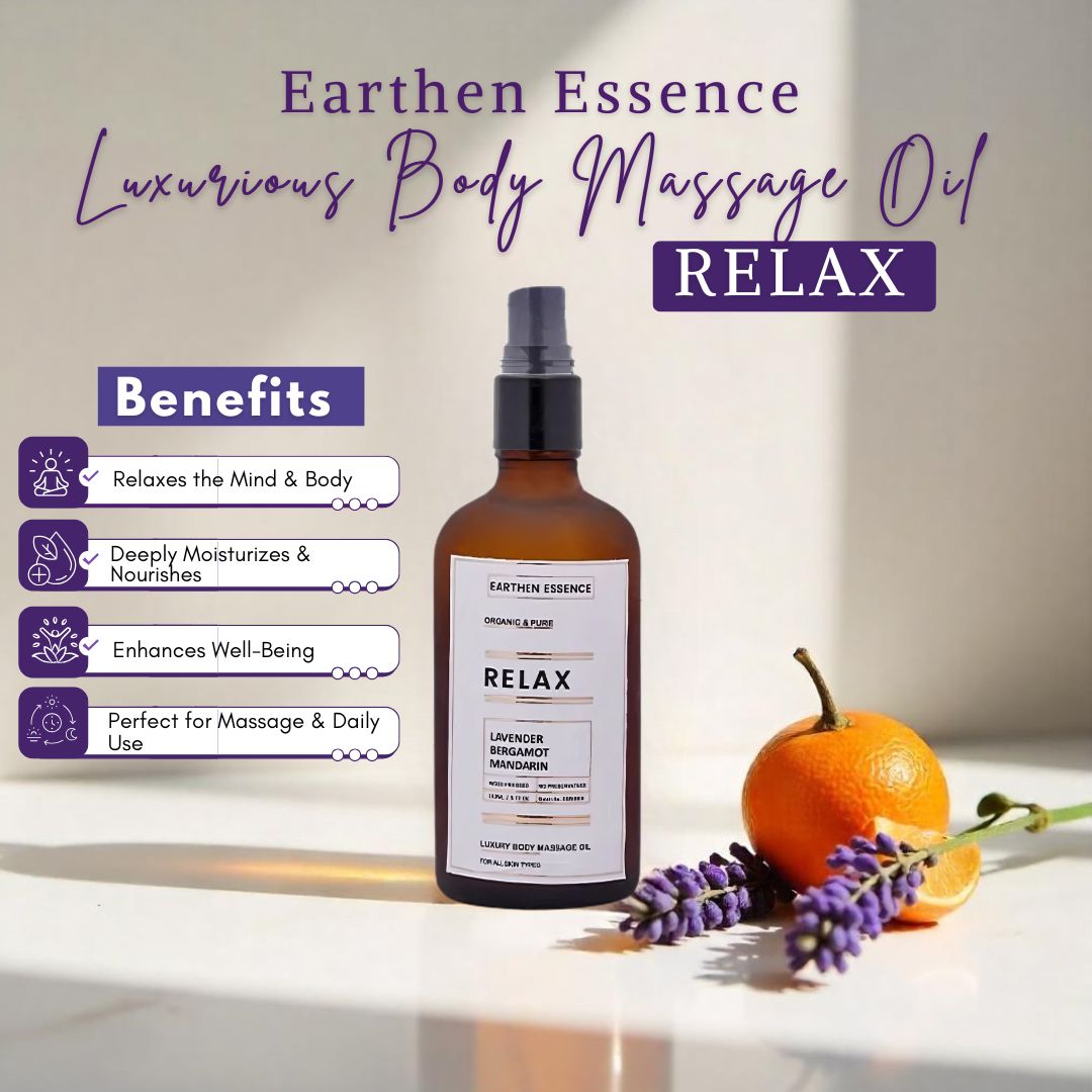 Luxurious Body Massage Oil RELAX | With Wood Pressed Jojoba Oil, Extra Virgin Coconut Oil, Lavender, Bergamot and Mandarin Essential Oil | For Relaxation, Stress Relief, Tiredness and Anxiety (100ml)