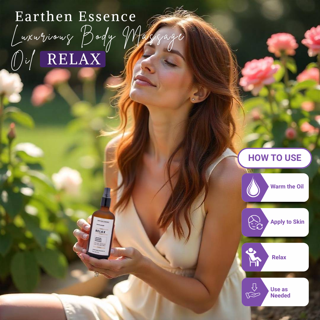 Luxurious Body Massage Oil RELAX | With Wood Pressed Jojoba Oil, Extra Virgin Coconut Oil, Lavender, Bergamot and Mandarin Essential Oil | For Relaxation, Stress Relief, Tiredness and Anxiety (100ml)