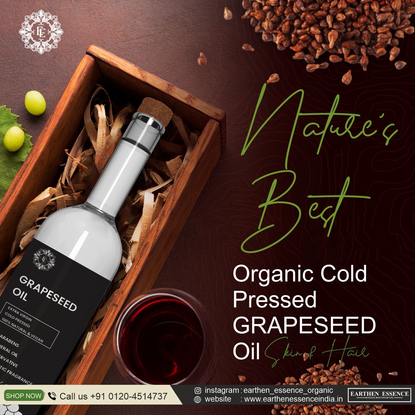 Organic GREPE SEED Oil | Woodpressed | Skin Tightening, Acne & Hair Growth | Face, Hair & Body Massage | Nourishes & hydrates | Extracted with Traditional Wood Pressed Method | 100 ml