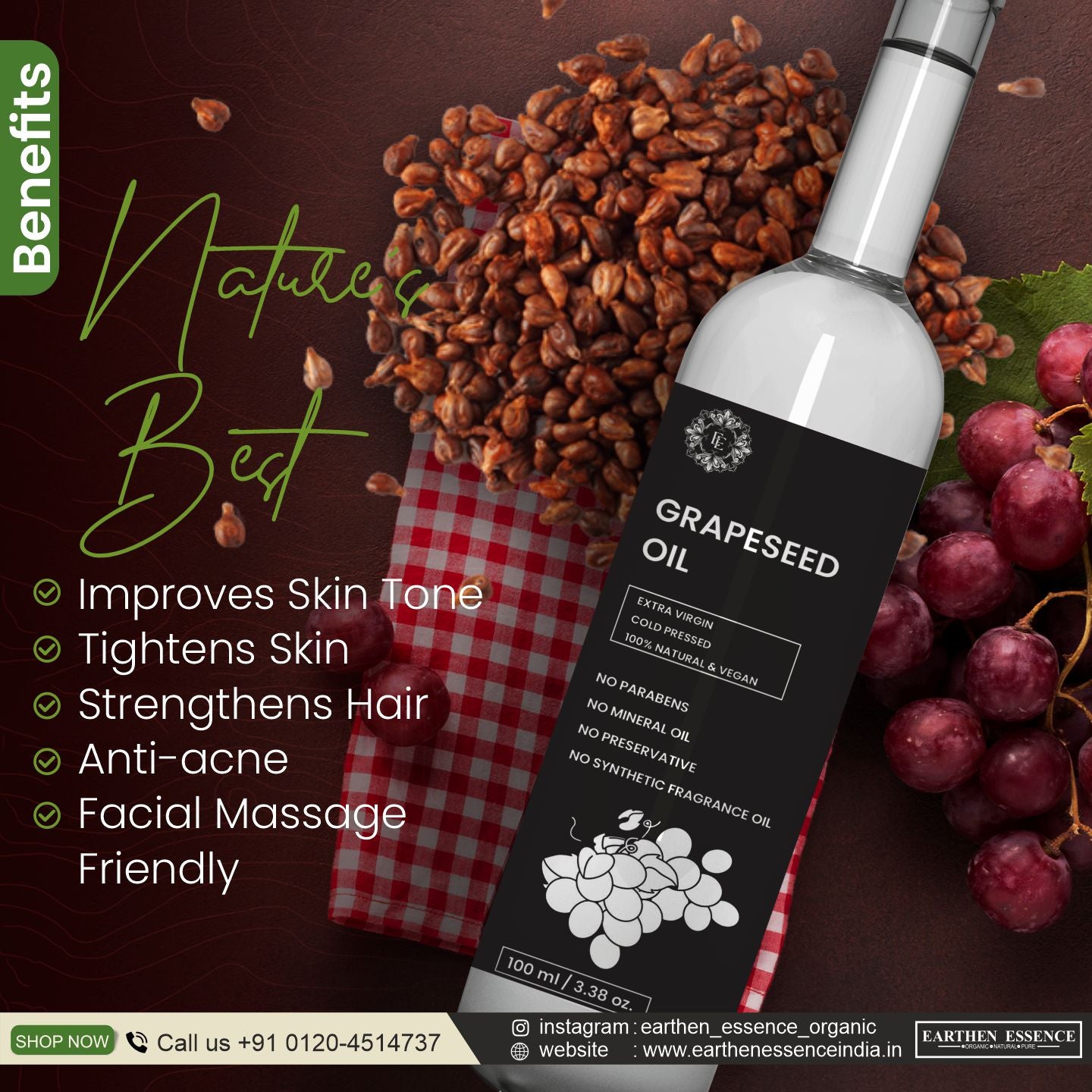 Organic GREPE SEED Oil | Woodpressed | Skin Tightening, Acne & Hair Growth | Face, Hair & Body Massage | Nourishes & hydrates | Extracted with Traditional Wood Pressed Method | 100 ml