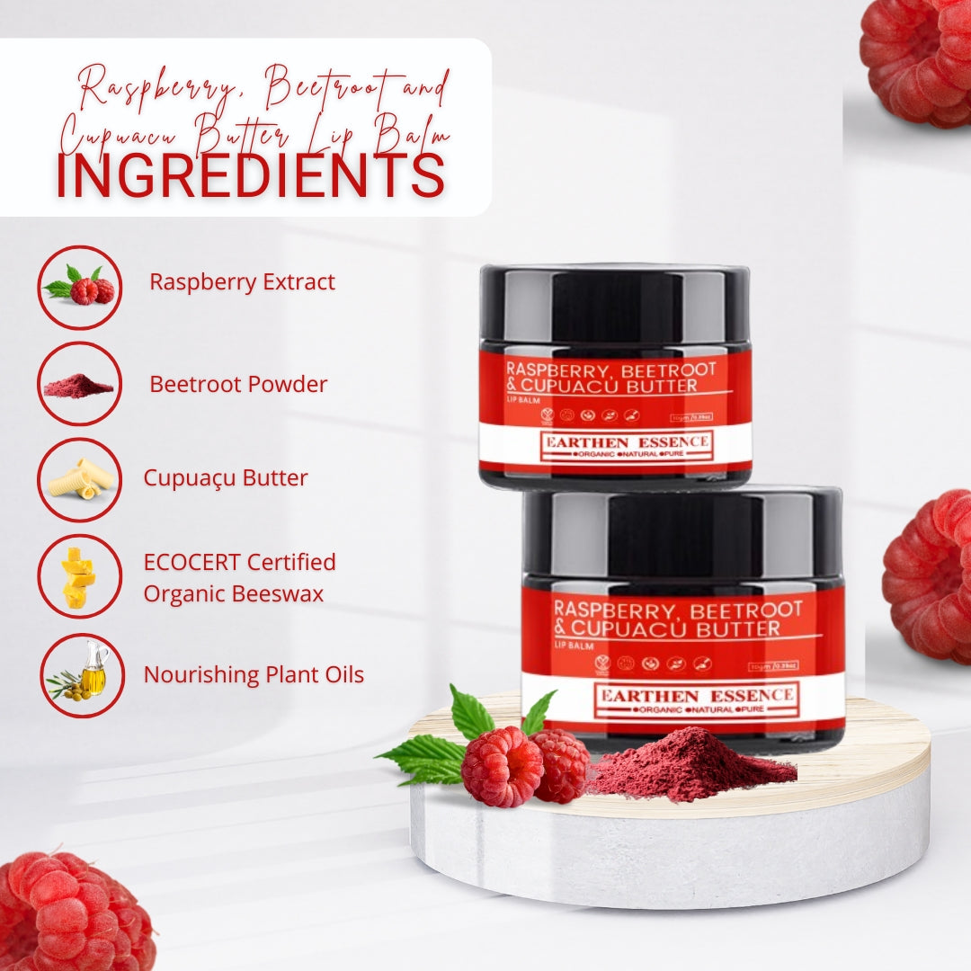 RASPBERRY, BEETROOT and CUPUACU BUTTER Lip Balm | Made with ECOCERT Certified Organic Bees Wax | For Smooth Supple and Lucious Lips | 8 gm