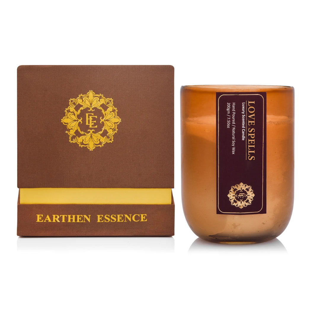 Earthen Essence Amber Jar Luxury Scented Candle LOVE PELLS| 100% Natural Soy Wax Eco-friendly | Smokeless & Non-Toxic | Hand poured 3 Wick Lead Free Cotton wick | 220gm
