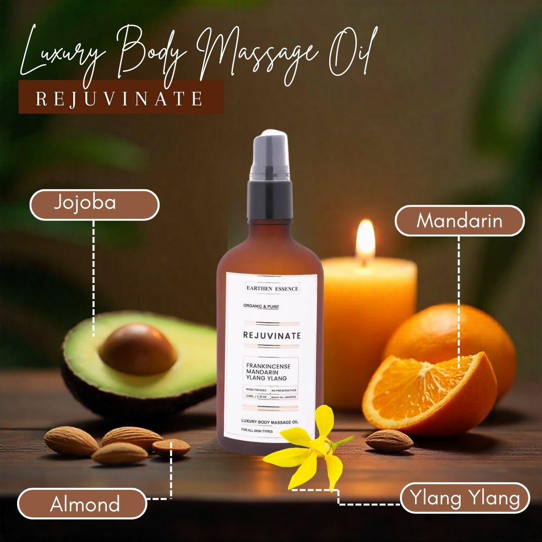 Luxurious Body massage Oil REJUVINATE | For Destress, Uplifting, Mood Boosting, Calming| With Wood Pressed Avocado, Jojoba, Sweet Almond oil and Essential Oil Frankincense, Mandarin and Ylang Ylang(100ml)