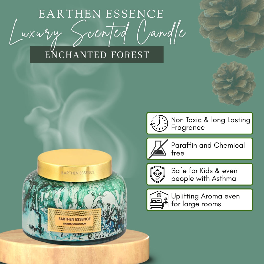 Earthen Essence Luxury Scented Candle ENCHANTED FOREST | With IFRA Certified Fragrance | 100% Natural Soy Wax Eco-friendly | Smokeless & Non-Toxic | Hand Poured, With Cotton German Wick | 300gm