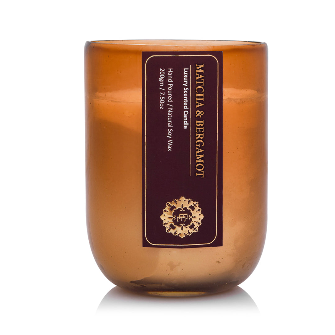 Earthen Essence Amber Jar Luxury Scented Candle MATCHA & BERGAMOT| 100% Natural Soy Wax Eco-friendly | Smokeless & Non-Toxic | Hand poured 3 Wick Lead Free Cotton wick | 220gm