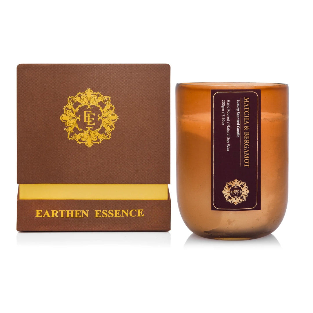 Earthen Essence Amber Jar Luxury Scented Candle MATCHA & BERGAMOT| 100% Natural Soy Wax Eco-friendly | Smokeless & Non-Toxic | Hand poured 3 Wick Lead Free Cotton wick | 220gm