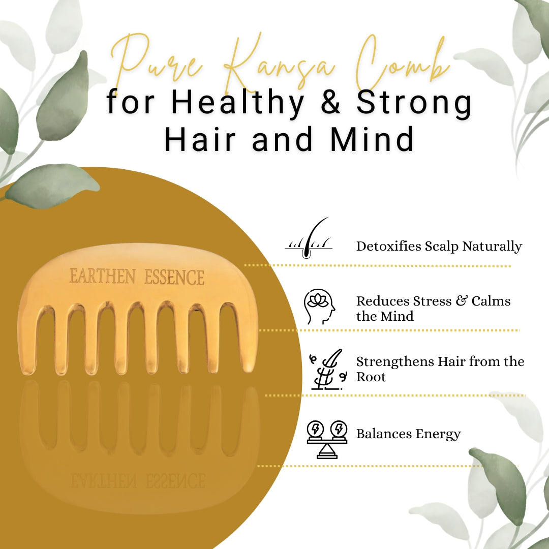 Earthen Essence Pure KANSA COMB for Healthy & Strong Hair and Mind | Reduce Anxiety, Tension and Improve Sleep Quality