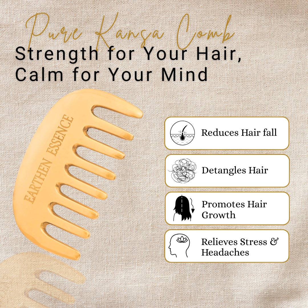 Earthen Essence Pure KANSA COMB for Healthy & Strong Hair and Mind | Reduce Anxiety, Tension and Improve Sleep Quality