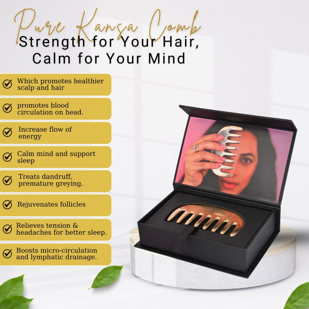 Earthen Essence Pure KANSA COMB for Healthy & Strong Hair and Mind | Reduce Anxiety, Tension and Improve Sleep Quality