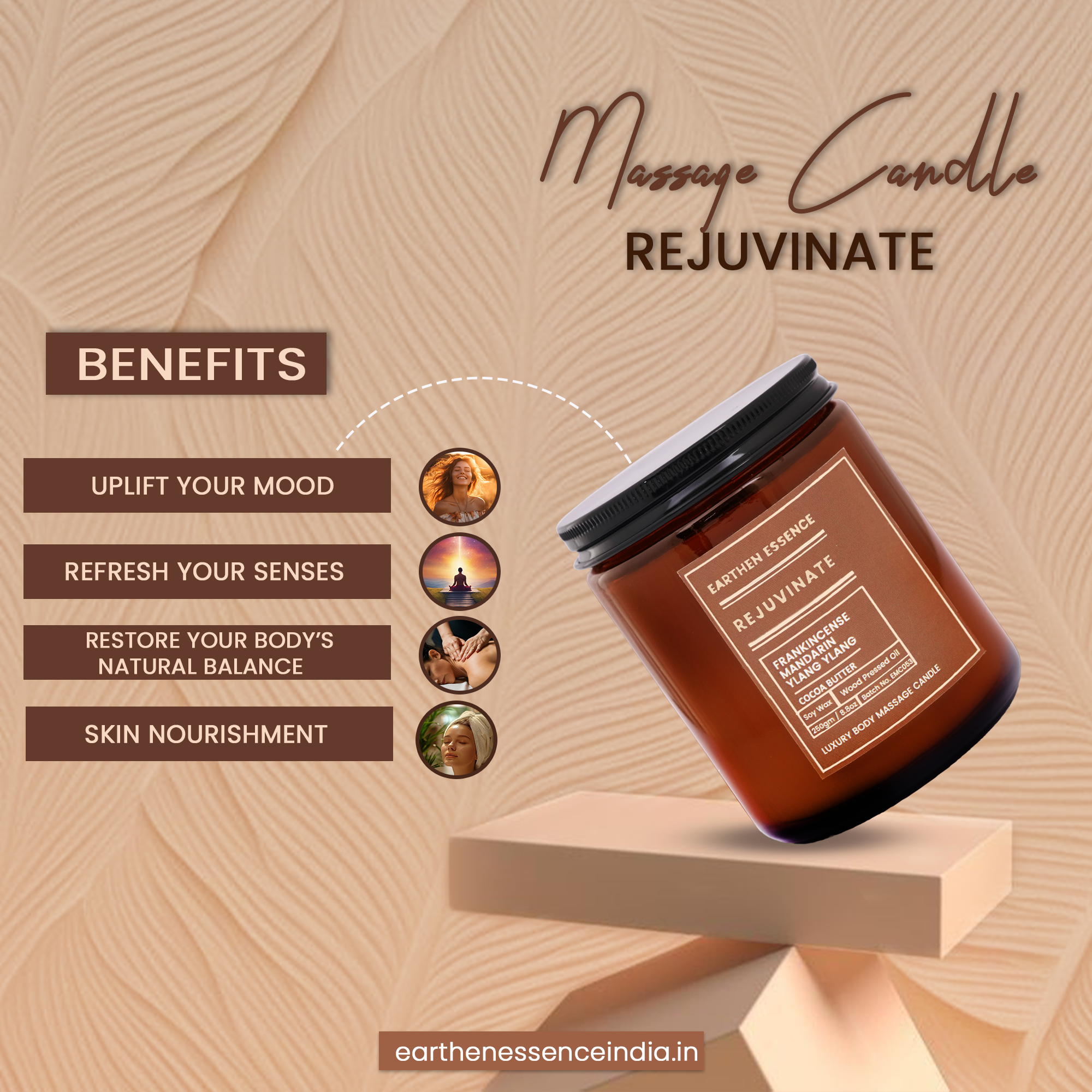 Organic Massage Candle REJUVINATE | Luxurious and Nourishing Massage Serum Candle | With Pure Soy Wax Candle, Wood Pressed Jojoba Oil, Essential oil Frankincense, Mandarin and Ylang Ylang & Shea butter | 250 gm