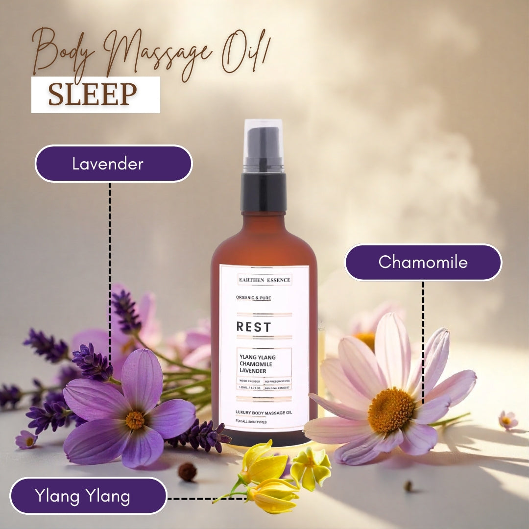 Luxurious Body massage Oil REST \ SLEEP | Reduce Anxiety, Tension, Insomnia & Restless Sleep | Improve Sleep Quality | 100% Pure & Natural (100ml).