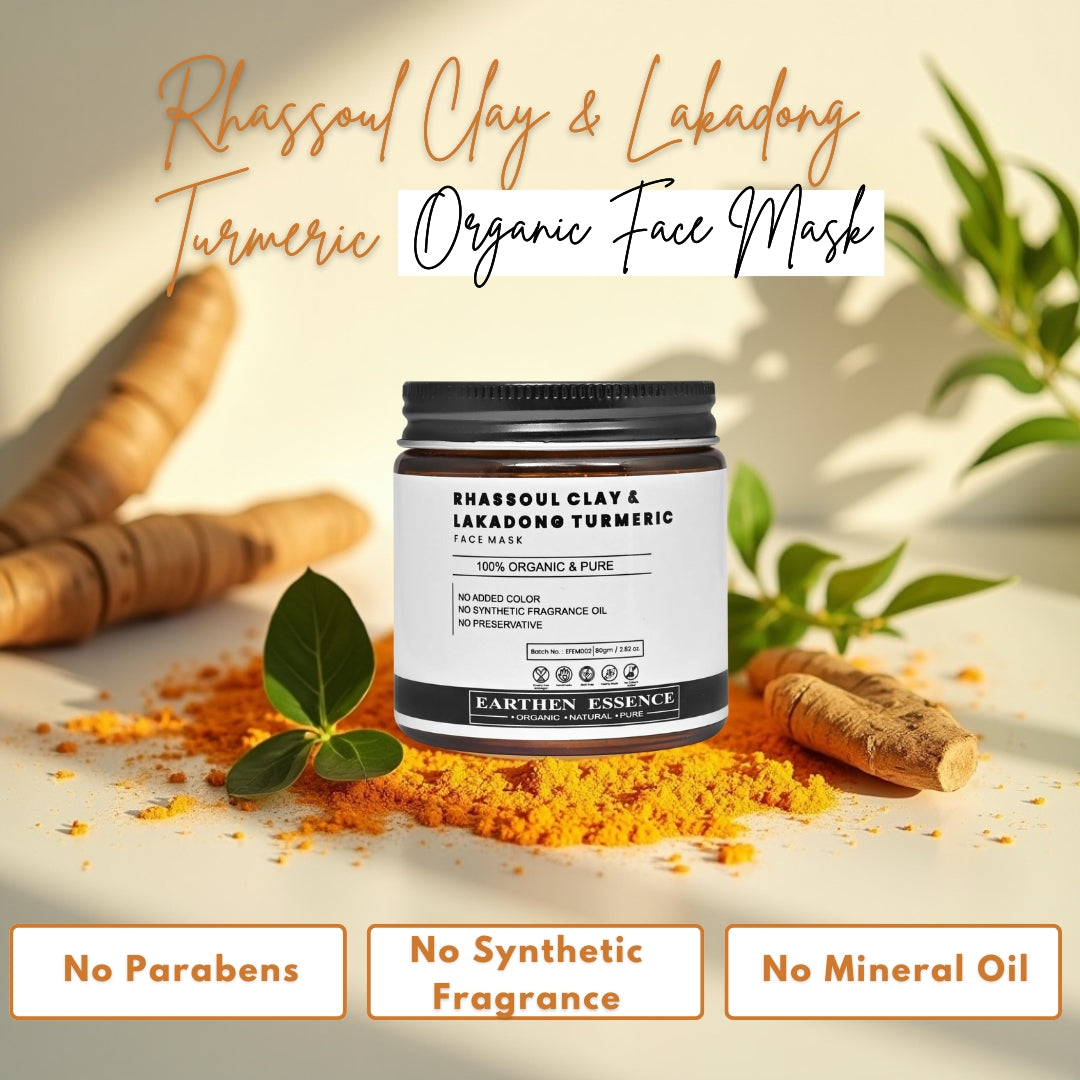 RHASSOUL CLAY & LAKADONG TURMERIC Organic Face Mask | For Skin Brightening, Removes Tan, Brightens & Evens Skin Tone | For All Skin Types | 100 g