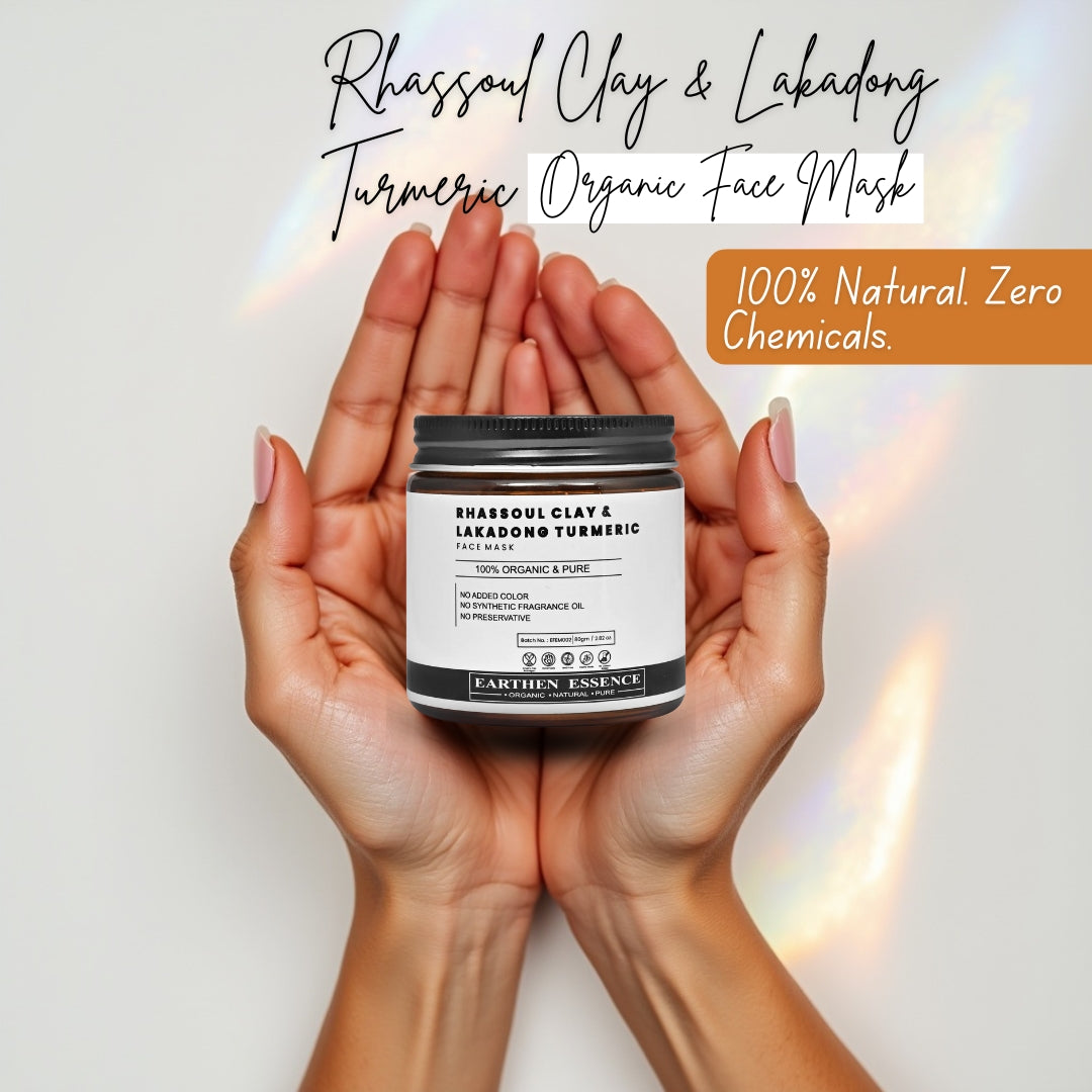 RHASSOUL CLAY & LAKADONG TURMERIC Organic Face Mask | For Skin Brightening, Removes Tan, Brightens & Evens Skin Tone | For All Skin Types | 100 g