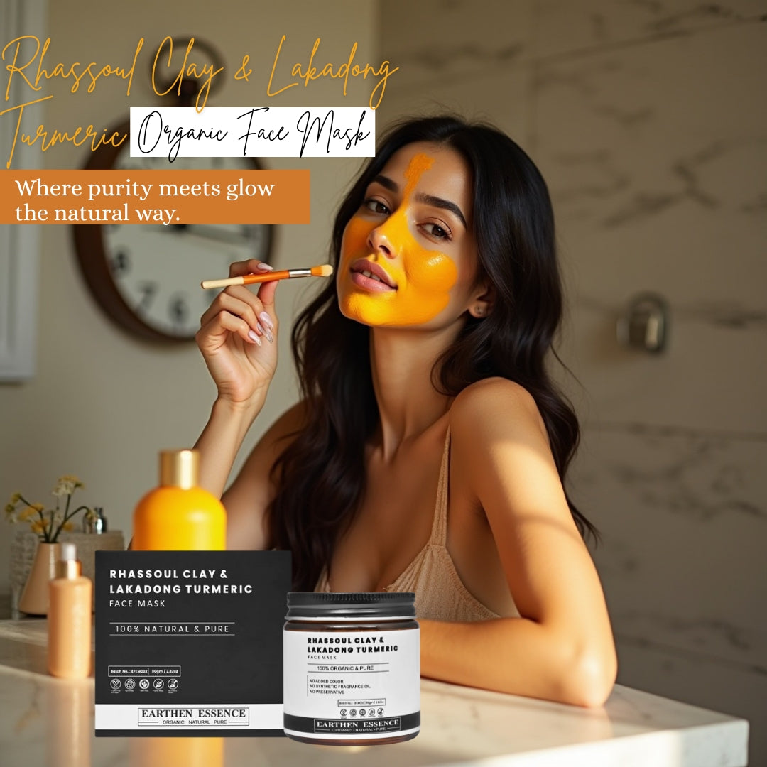 RHASSOUL CLAY & LAKADONG TURMERIC Organic Face Mask | For Skin Brightening, Removes Tan, Brightens & Evens Skin Tone | For All Skin Types | 100 g