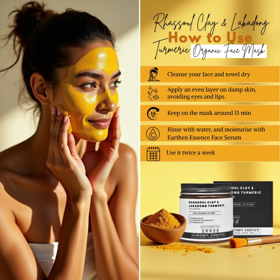 RHASSOUL CLAY & LAKADONG TURMERIC Organic Face Mask | For Skin Brightening, Removes Tan, Brightens & Evens Skin Tone | For All Skin Types | 100 g