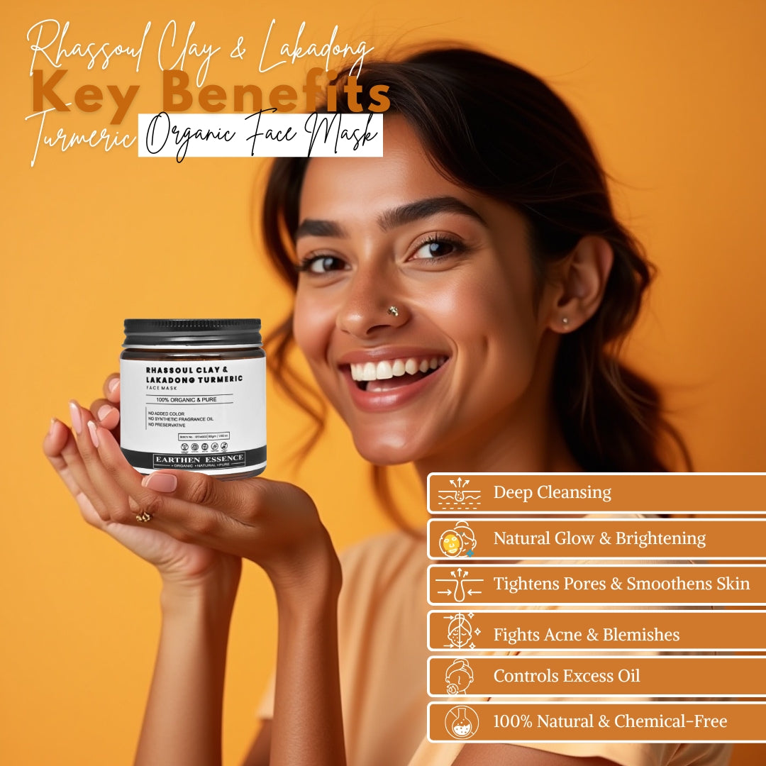 RHASSOUL CLAY & LAKADONG TURMERIC Organic Face Mask | For Skin Brightening, Removes Tan, Brightens & Evens Skin Tone | For All Skin Types | 100 g