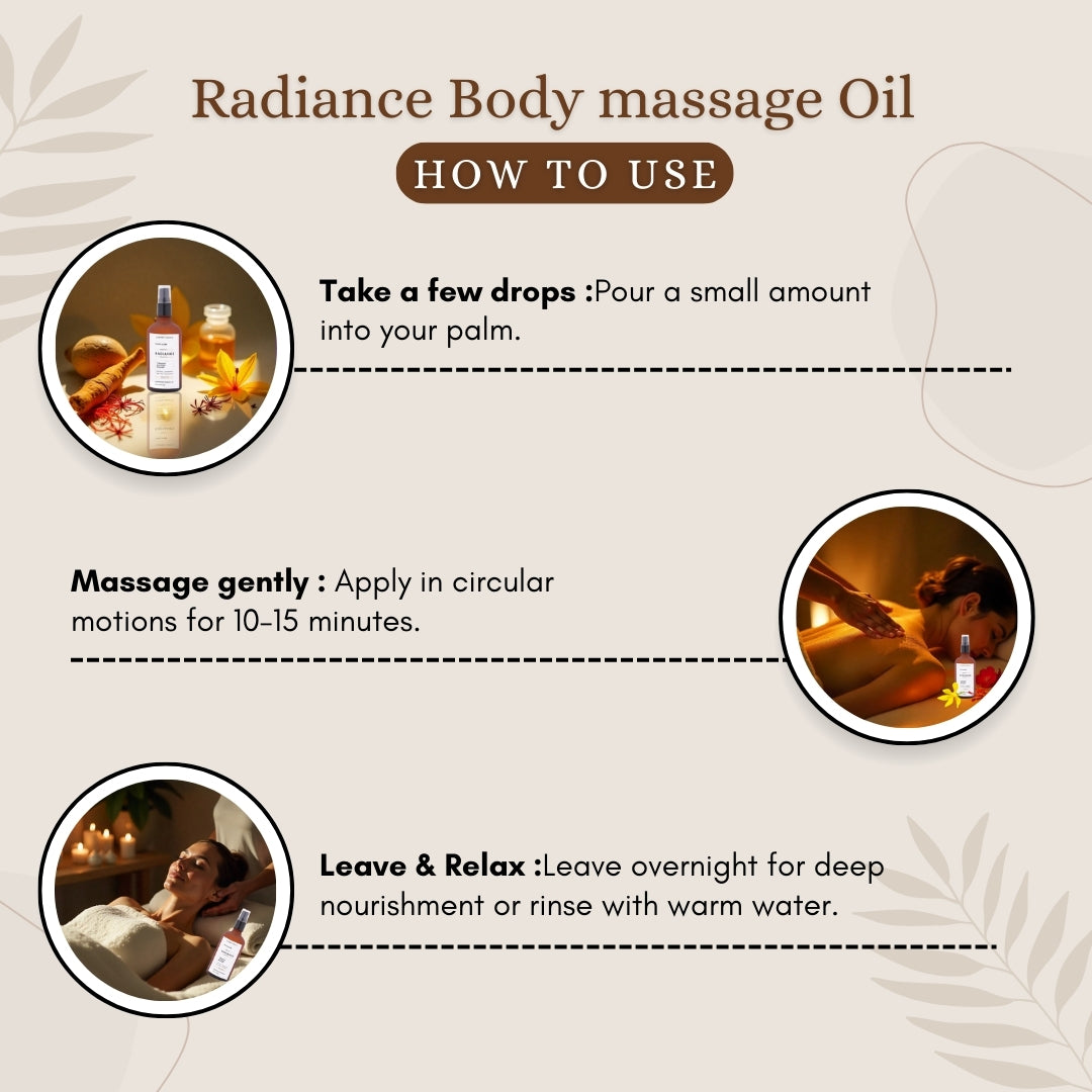 Luxurious Body massage Oil RADIANCE \ GLOW Kumkumadi for Glowing Skin | Moisturizing Body Oil for Dry and dull skin with 16 herbs| Organic Body Massage Glow Oil for Women & Men | 100ml