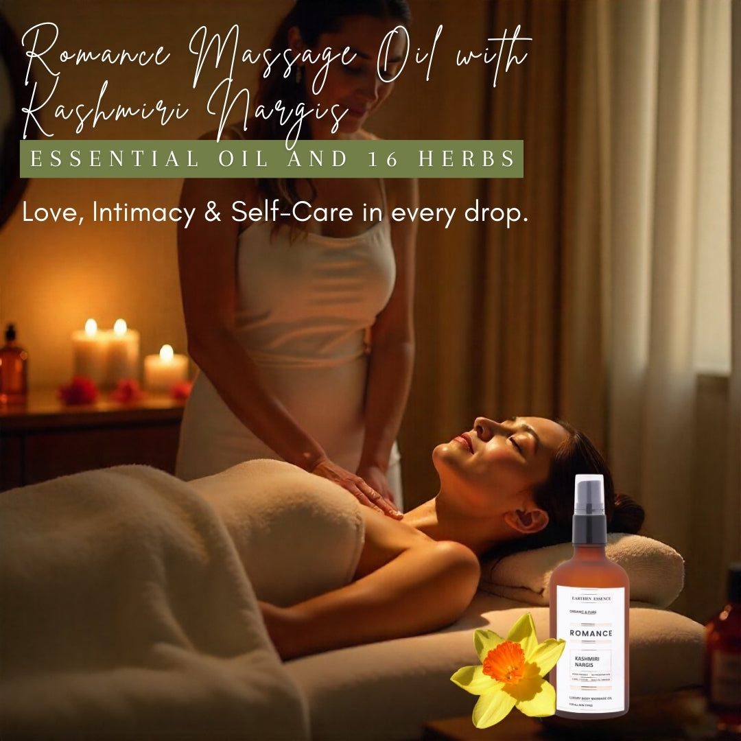 Luxurious Body massage Oil ROMANCE / LOVE – with Kashmiri Nargis Essential oil and 16 herbs | For attracting Love and intimacy, Igniting Self Love, deep hydration and relaxation (100ml)