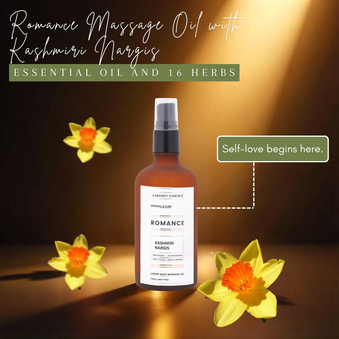 Luxurious Body massage Oil ROMANCE / LOVE – with Kashmiri Nargis Essential oil and 16 herbs | For attracting Love and intimacy, Igniting Self Love, deep hydration and relaxation (100ml)