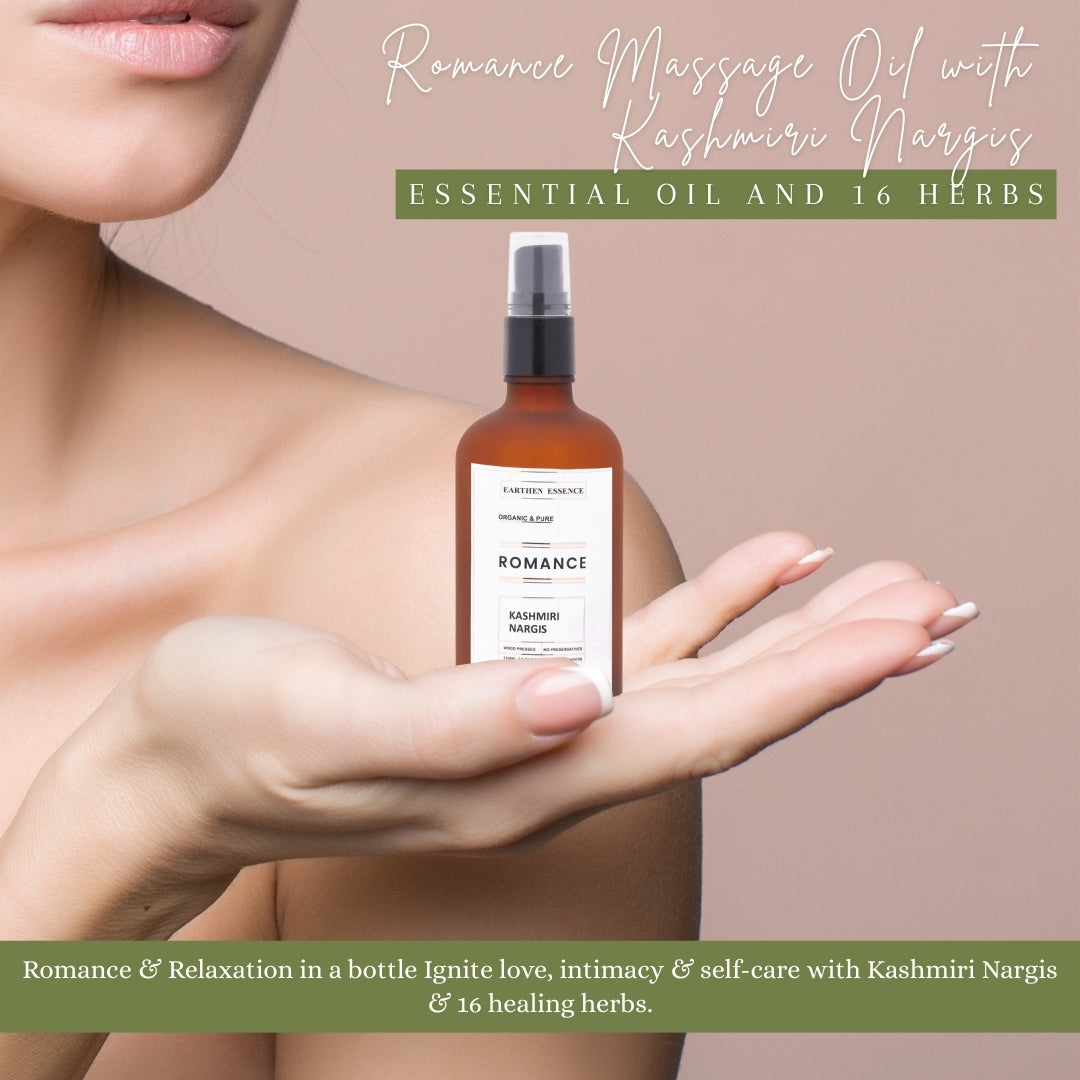 Luxurious Body massage Oil ROMANCE / LOVE – with Kashmiri Nargis Essential oil and 16 herbs | For attracting Love and intimacy, Igniting Self Love, deep hydration and relaxation (100ml)