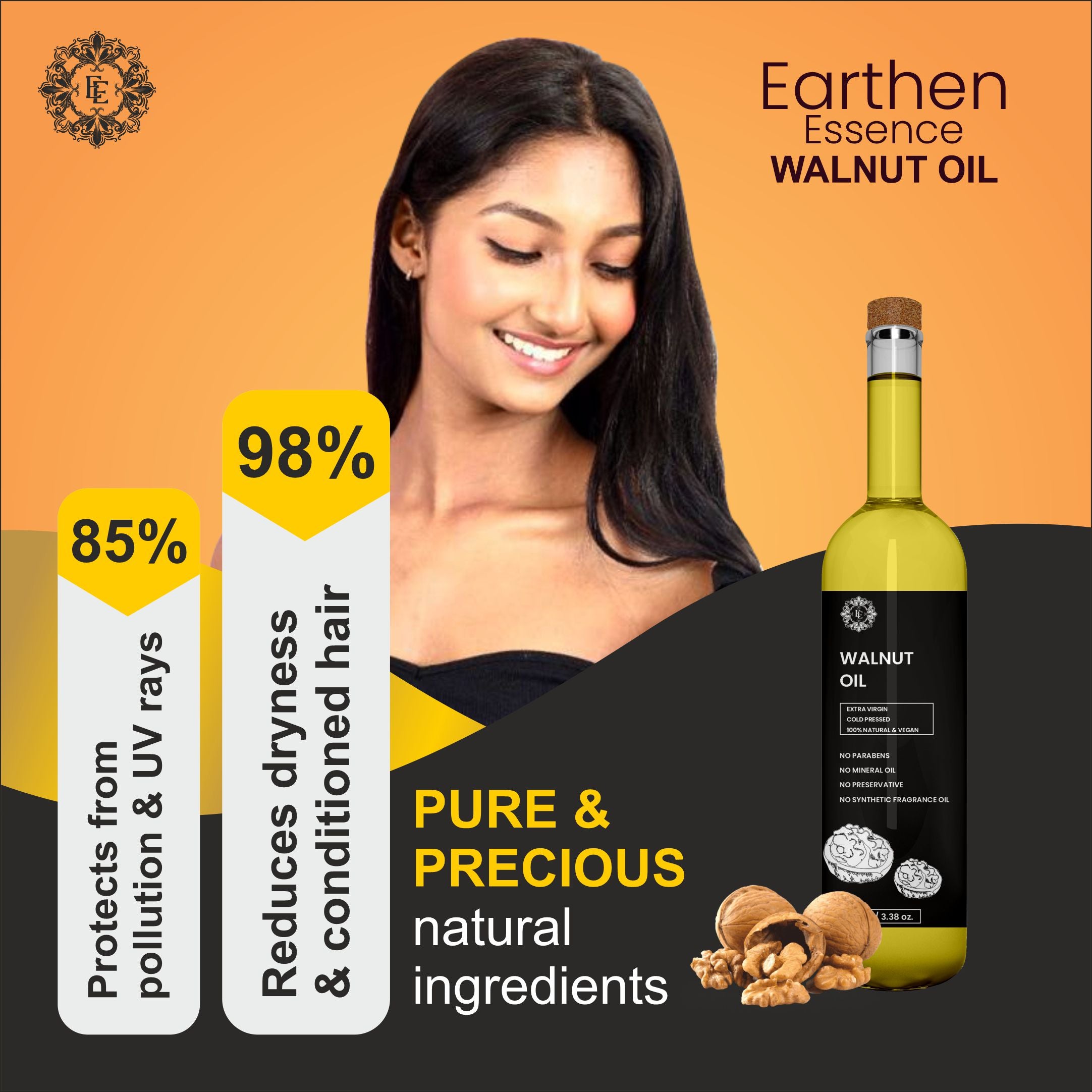 Earthen Essence Organic Wood Pressed WALNUT Oil | Rich With Antioxidant & Omega 3 | for Skin Care, Nourished Hair & Body | Extracted with Traditional Wood Pressed Method | 100 ml