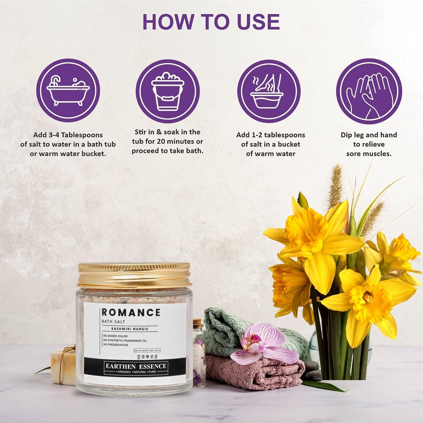 ROMANCE Bath Salt | with Pure essential Oil KASHMIRI NARGIS | Mix of Epsom Salt, Himalayan Salt, and Sea Salt, Vitamin C & E | Romance, Indulge, Relax and Glow | for Body & Foot Spa | 100gm