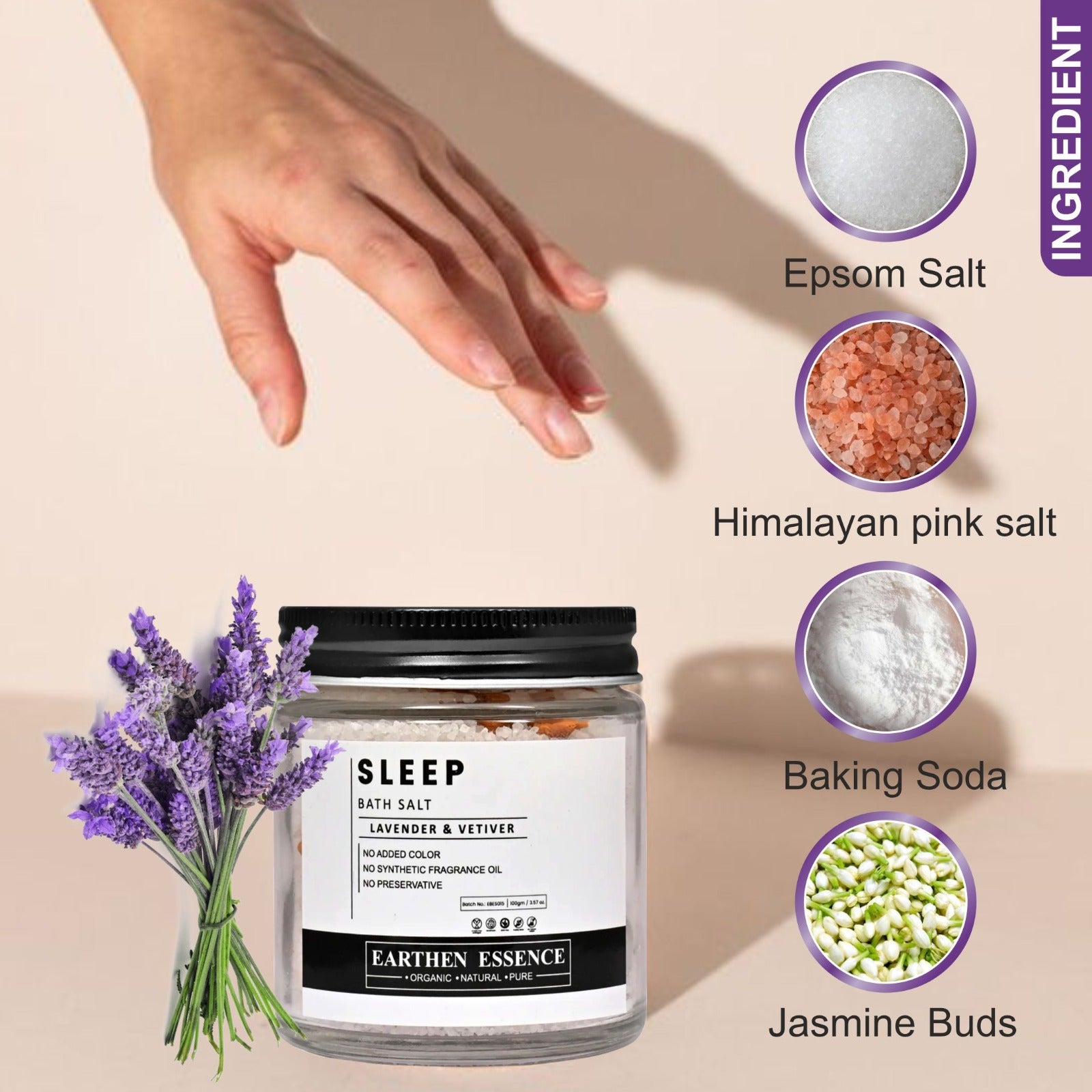 SLEEP Bath Salt | With Pure Essential Oil LAVENDER & VETIVER | Mix of Epsom Salt, Himalayan Salt, and Sea Salt, Vitamin C & E | Dream Sleep, Reduce Insomnia & Restless Sleep| for Body & Foot Spa | 100gm