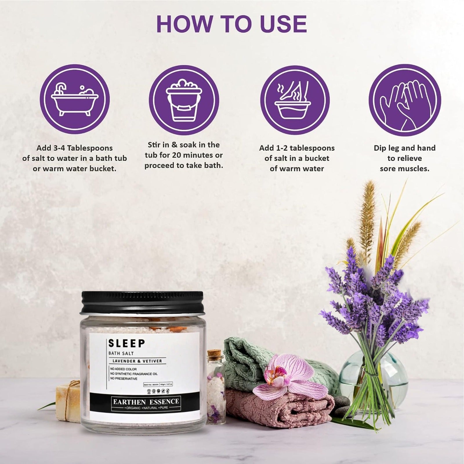 SLEEP Bath Salt | With Pure Essential Oil LAVENDER & VETIVER | Mix of Epsom Salt, Himalayan Salt, and Sea Salt, Vitamin C & E | Dream Sleep, Reduce Insomnia & Restless Sleep| for Body & Foot Spa | 100gm