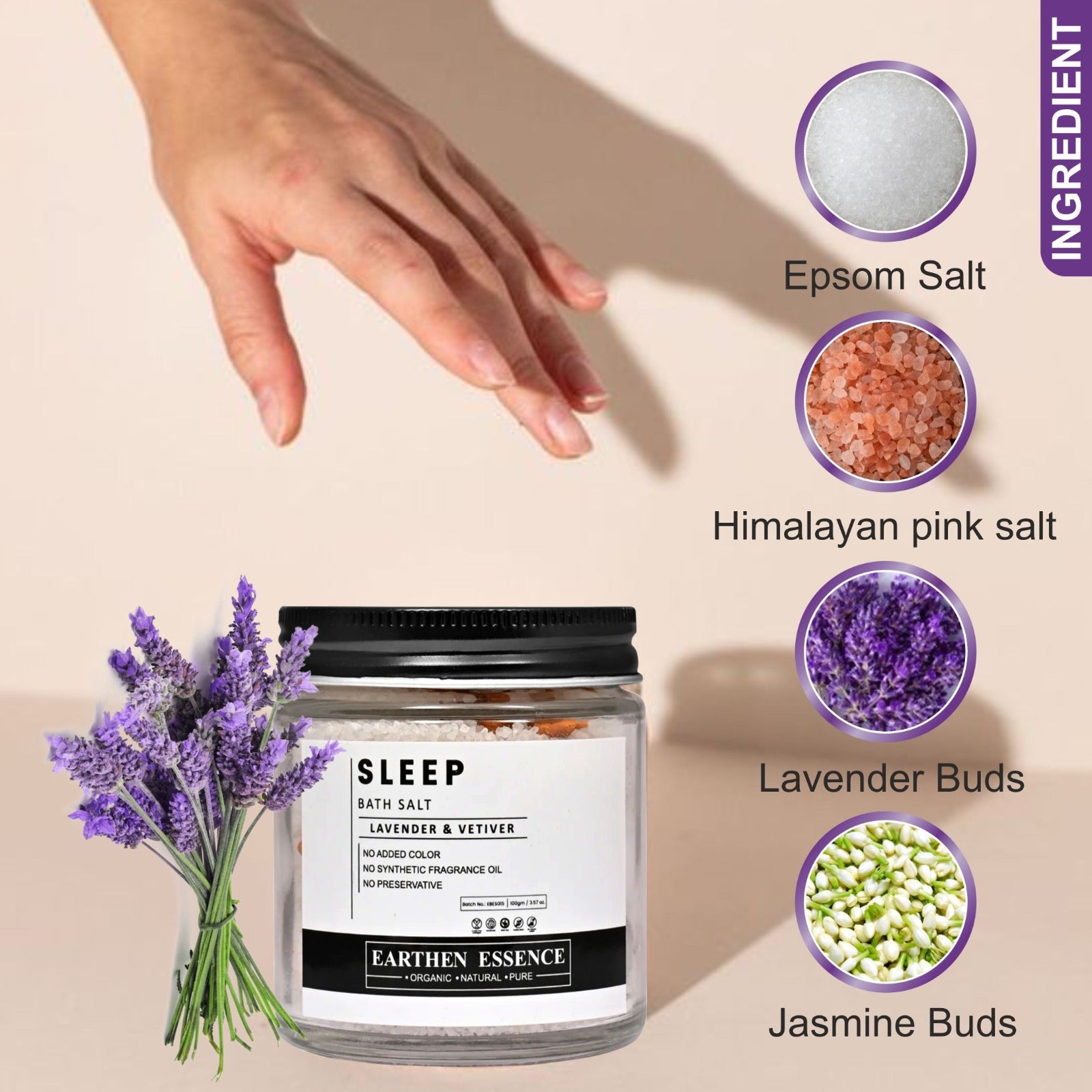 SLEEP Bath Salt | With Pure Essential Oil LAVENDER & VETIVER | Mix of Epsom Salt, Himalayan Salt, and Sea Salt, Vitamin C & E | Dream Sleep, Reduce Insomnia & Restless Sleep| for Body & Foot Spa | 100gm