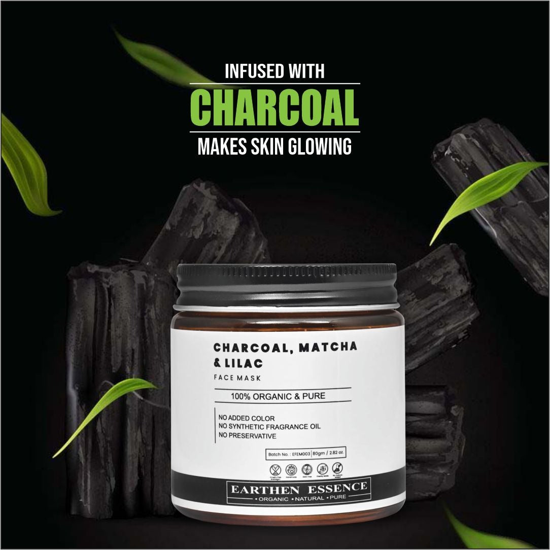 CHARCOAL, MATCHA & LILAC Organic Face Mask | Deep Cleansing, Pore Tightening, Anti-Ageing, Skin Whitening | For All Skin Types | 100g