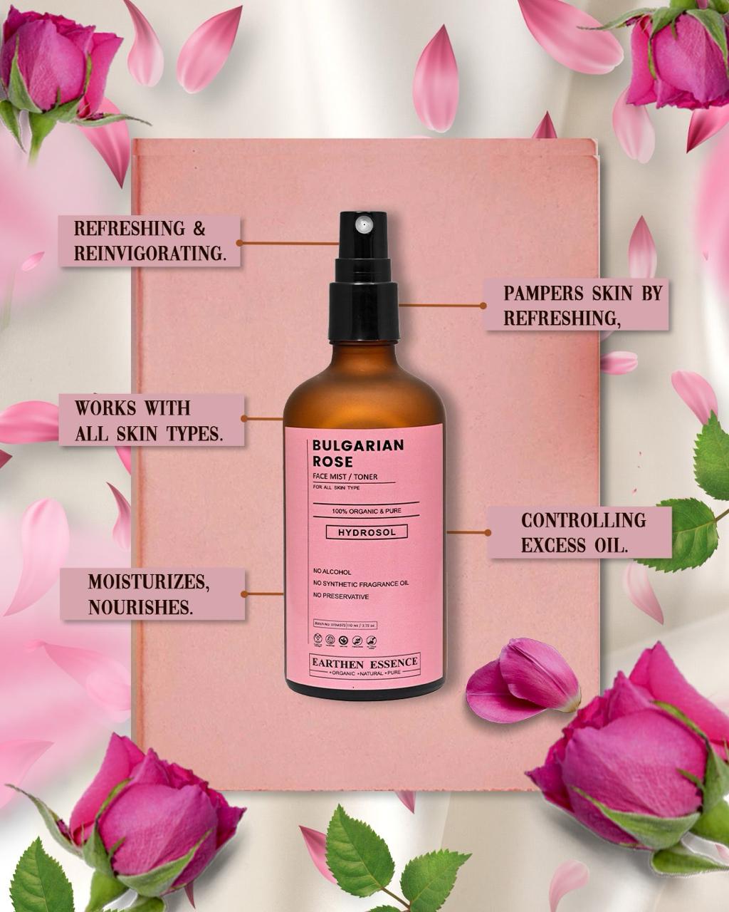 Earthen Essence BULGARIAN ROSE Face Mist / Toner | Pure Hydrosol | Hydrating & Alcohol-Free | Skin Brightening, Tightens Pores, Balances pH | For All Skin Types | 100ml