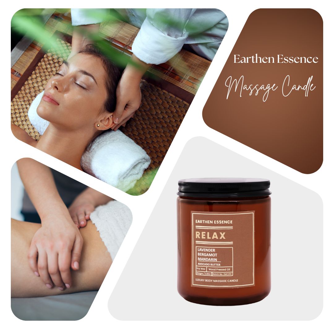 Organic Massage Candle RELAX | Luxurious and Nourishing Massage Serum Candle | Soy Wax Candle | with Pure Wood Pressed Jojoba Oil, Pure essential oil Lavender, Bergamot and Mandarin & Avacado butter | 250 gm